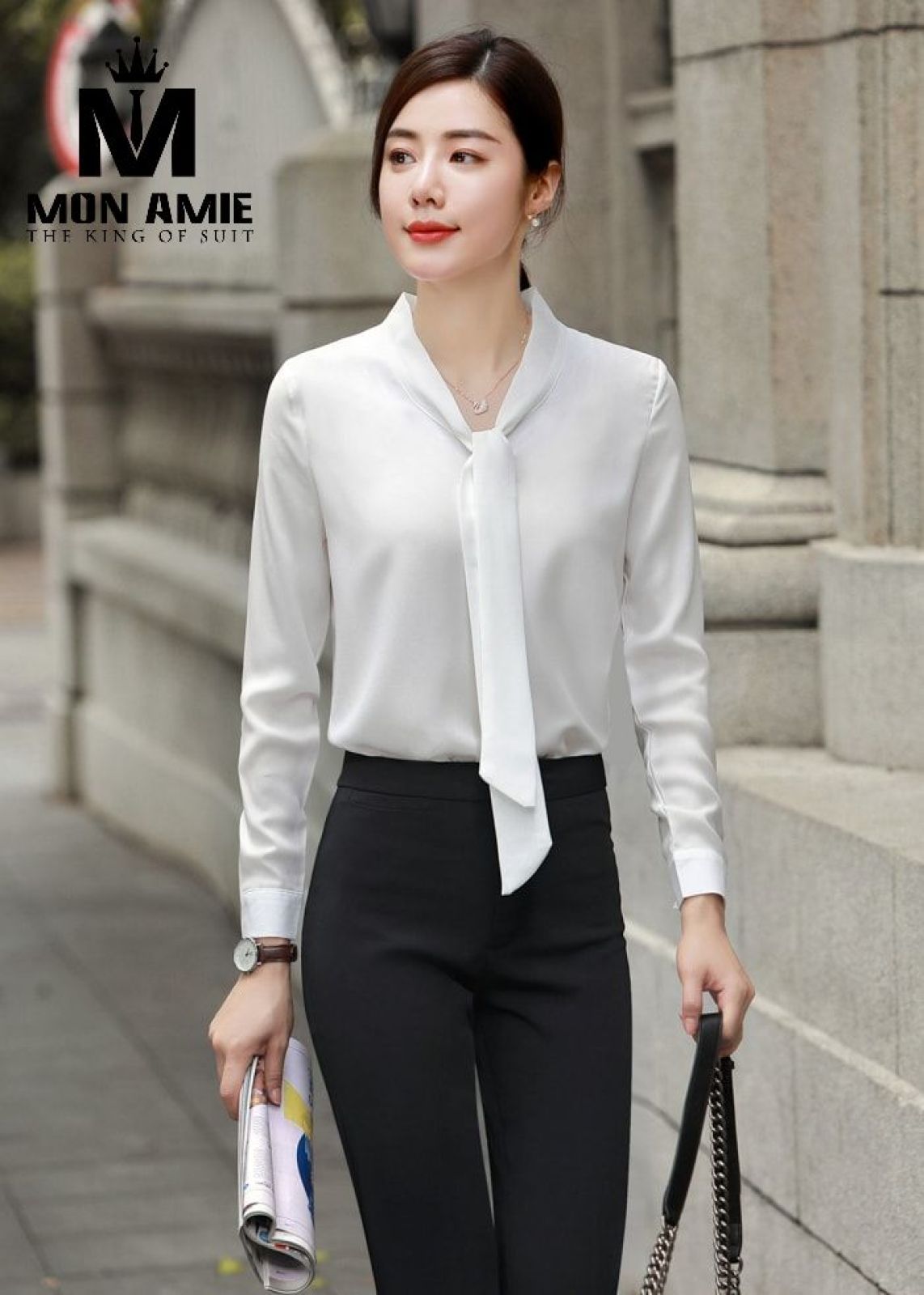 White Bowtie Chiffon Collar Shirt 